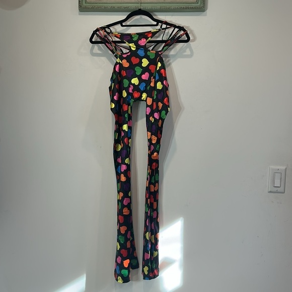 New dolls kill club ex black Colorful Heart Print g string pants flare large - Picture 5 of 5